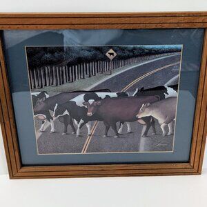 Vintage Lowell Herrero Cows Crossing Wood Framed Art Print
